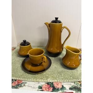 Vintage Brown Drip Glaze Coffee Set Pot Creamer Sugar Cup Saucer USA montego MCM